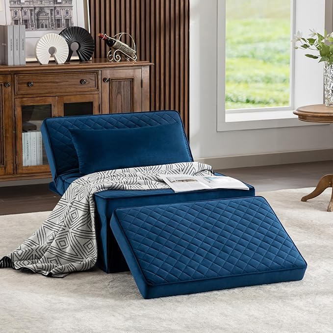 Sofa Bed, 4 in 1 Multi-Function Folding Ottoman Breathable Velvet Couch Bed with Adjustable Backrest Modern Convertible Chair for Living Room Apartment Office,Squared-Blue - LeafyLoom