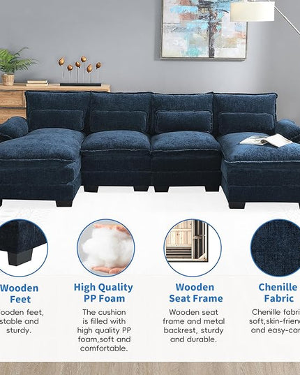 Symmetrical Modular Sectional Sofa with Chaise Lounge, 6 Seater Chenille Upholstered Cloud Couch, U Shaped Oversized Sleeper Sofa&Couches with Thicked Cushion & Detackable Backrest Living Room - LeafyLoom