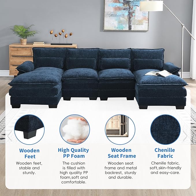 Symmetrical Modular Sectional Sofa with Chaise Lounge, 6 Seater Chenille Upholstered Cloud Couch, U Shaped Oversized Sleeper Sofa&Couches with Thicked Cushion & Detackable Backrest Living Room - LeafyLoom