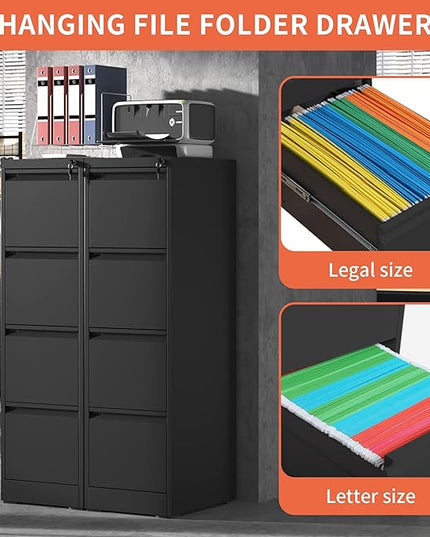 4 Drawer File Cabinet,Metal Filing Cabinets with Lock,Black Vertical File Cabinet for Home Office,Heavy Duty Metal Storage Cabinet for A4/Letter/Legal Size File,Assembly Required - LeafyLoom
