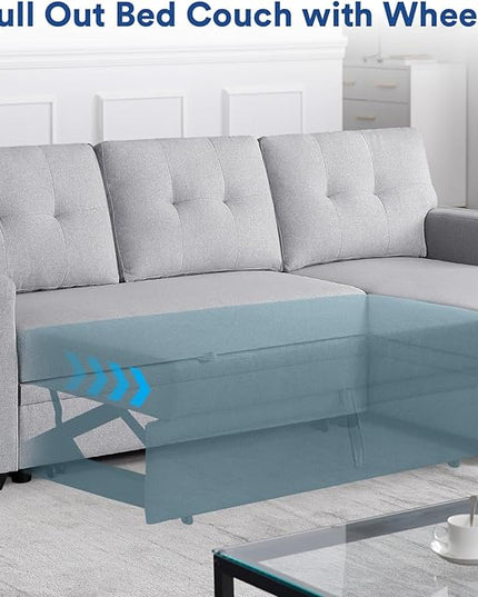 4-in-1 Convertible L Shaped Couch with Pull Out Bed and Storage Sectional Sleeper Sofa with Reversible Chaise for Living Room, Apartment, Bedroom, Office, Silver - LeafyLoom
