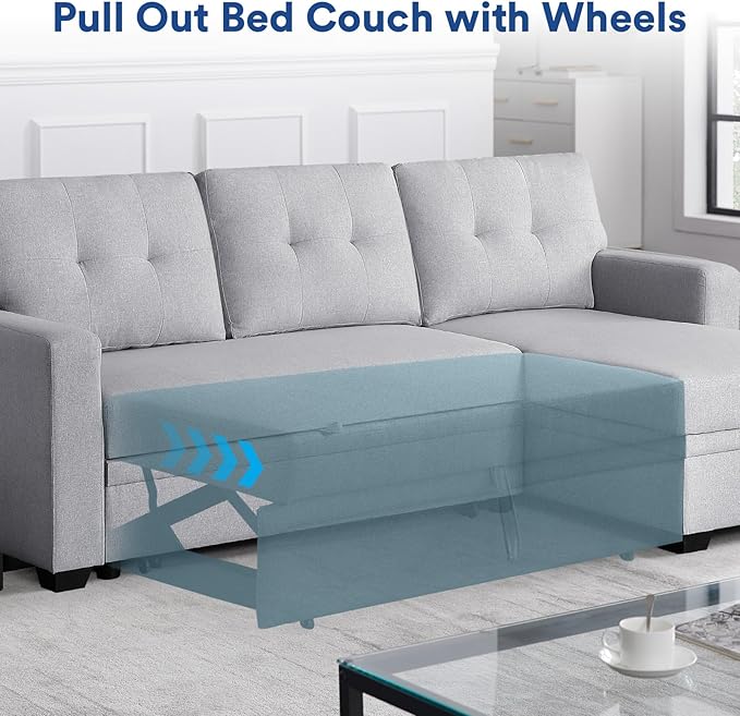 4-in-1 Convertible L Shaped Couch with Pull Out Bed and Storage Sectional Sleeper Sofa with Reversible Chaise for Living Room, Apartment, Bedroom, Office, Silver - LeafyLoom