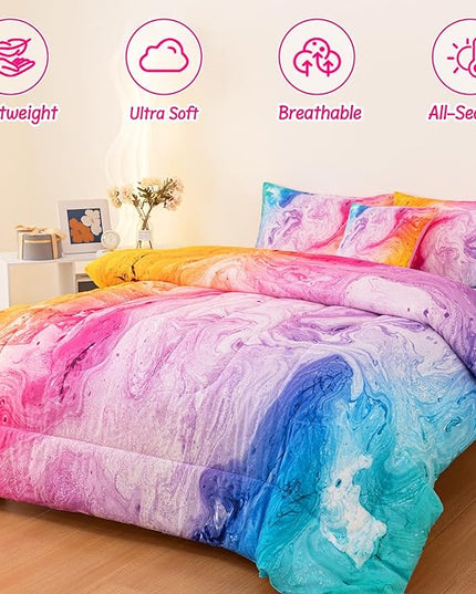 4 Pcs Tie Dye Twin Comforter Set for Girls, Watercolor Marble Abstract Art Superior Kids Bedding Sets Twin Size, Pink Purple Blue Colorful Teenage Girls Comforter Sets - LeafyLoom