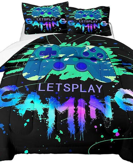 Game Comforter Set Video Gaming Bedding Sets Gamer Room Decor Queen Size Colorful Black Gamepad Soft Game Bedding Set for Boys Teen 1 Comforter and 2 Pillowcases - LeafyLoom