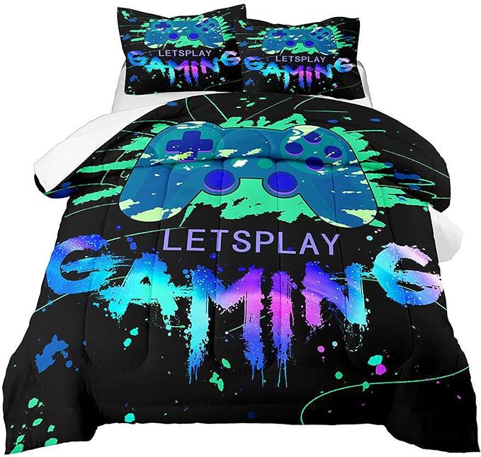 Game Comforter Set Video Gaming Bedding Sets Gamer Room Decor Queen Size Colorful Black Gamepad Soft Game Bedding Set for Boys Teen 1 Comforter and 2 Pillowcases - LeafyLoom