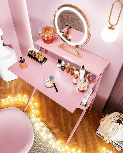 ODK Small Desk, 27.5 Inch Small Computer Desk for Small Spaces, Compact Desk with Storage, Tiny Desk Study Desk with Monitor Stand for Home Office, Pink - LeafyLoom