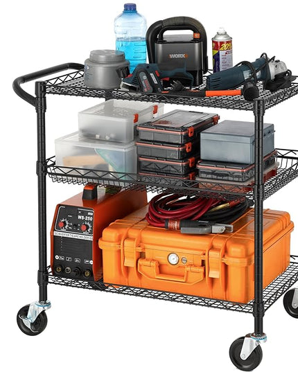Finnhomy 3 Tier Heavy Duty Commercial Grade Utility Cart, Wire Rolling Cart with Handle Bar, Steel Service Cart with Wheels, Kitchen Cart on Wheels, Food Storage Trolley, NSF Listed, Black - LeafyLoom