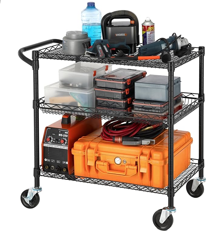 Finnhomy 3 Tier Heavy Duty Commercial Grade Utility Cart, Wire Rolling Cart with Handle Bar, Steel Service Cart with Wheels, Kitchen Cart on Wheels, Food Storage Trolley, NSF Listed, Black - LeafyLoom