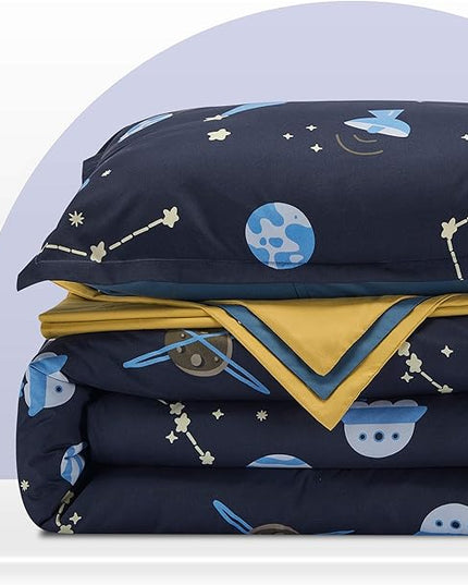 SLEEP ZONE Kids Bedding Comforter Set Full/Queen Size - Super Cute & Soft Kids Bedding 7 Pieces Set with Comforter, Sheet, Pillowcase & Sham (Navy Galaxy) - LeafyLoom