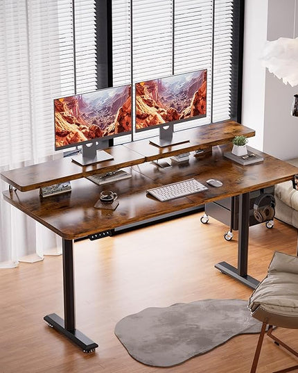 Electric Standing Desk with Monitor Shelf, 55 x 24 Inches Height Adjustable Corner Table, Computer Workstation with Cup Holder and Hook for Home Office, Brown, 55x24 Inch, Rustic Brwon - LeafyLoom