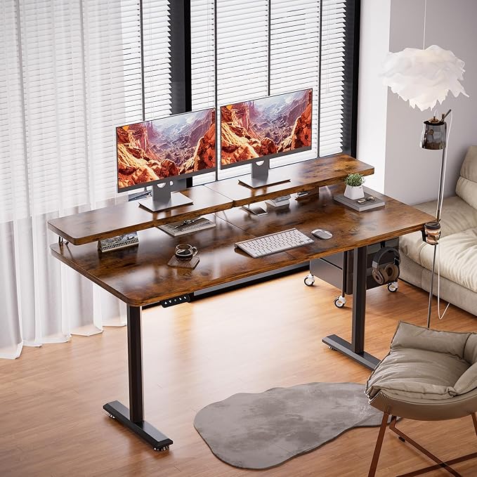 Electric Standing Desk with Monitor Shelf, 55 x 24 Inches Height Adjustable Corner Table, Computer Workstation with Cup Holder and Hook for Home Office, Brown, 55x24 Inch, Rustic Brwon - LeafyLoom