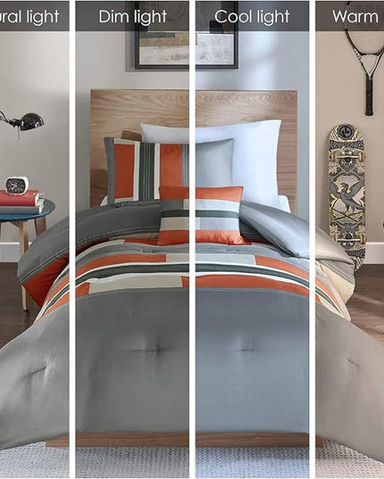 Comfort Spaces Casual Comforter Set Sporty Design, Vibrant Color, Active Lifestyle Boys Bedroom Décor, All Season Soft Microfiber Bedding Set, Decorative Pillow, Sham Grey/Orange Queen 4 Piece - LeafyLoom