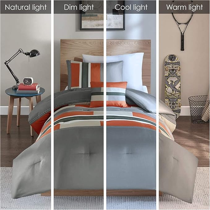 Comfort Spaces Casual Comforter Set Sporty Design, Vibrant Color, Active Lifestyle Boys Bedroom Décor, All Season Soft Microfiber Bedding Set, Decorative Pillow, Sham Grey/Orange Queen 4 Piece - LeafyLoom