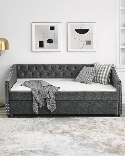 Twin Size Upholstered Daybed with Trundle, Wooden Sofa Bed w/Button Tufted Backrest and Waved Shape Arms, Space-Saving Design, No Box Spring Needed, for Living Room, Bedroom, Dorm, Grey - LeafyLoom