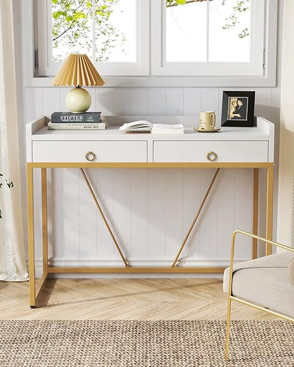 Tribesigns White Gold Computer Desk with 2 Drawers, Modern Desk 41.3 inch Simple Study Writing Desks with Storage, White Gold Makeup Vanity Desk for Home Office Bedroom Console Table - LeafyLoom