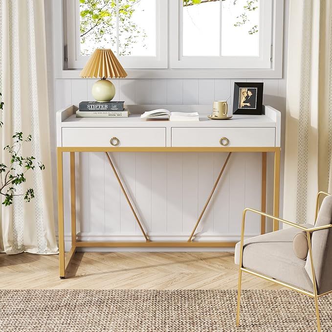 Tribesigns White Gold Computer Desk with 2 Drawers, Modern Desk 41.3 inch Simple Study Writing Desks with Storage, White Gold Makeup Vanity Desk for Home Office Bedroom Console Table - LeafyLoom