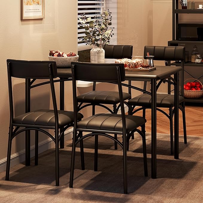 IDEALHOUSE Dining Table Set for 4, Kitchen Table and Chairs for 4, Rectangular Dining Room Table Set with 4 Upholstered Chairs, 5 Piece Kitchen Table Set for Small Space, Apartment, Retro Black - LeafyLoom