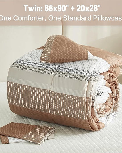 Litanika Twin/Twin XL Comforter Set Dorm Bedding Beige, 2 Pieces Twin Extra Long Comforter & Sets Taupe Khaki White Colorblock Stripe, All Season Bed Set - LeafyLoom