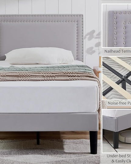 VECELO Twin Size Platform Bed Frame with Adjustable Upholstered Headboard, Modern Mattress Foundation, Strong Wood Slat Support, No Box Spring Needed, Easy Assembly - LeafyLoom