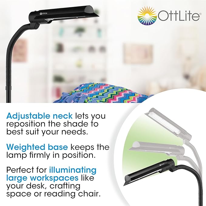 OttLite Standing Floor Lamp with Flexible Neck – 18w Energy Efficient Light Bulb for Bright Natural Daylight – Modern Style for Living Room, Sewing, Reading and Office - LeafyLoom