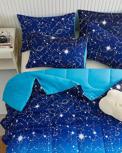 KAKKI Blue Ombre Glitter Galaxy Comforter Set Queen for Boys Girls, Sparkle Constellation Starry Sky Comforter for Kids Teen, 3pc Soft Bedding with 2 Pillow Cases for All Season - LeafyLoom