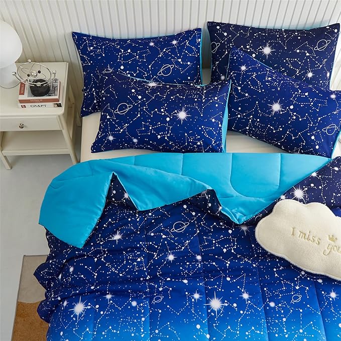 KAKKI Blue Ombre Glitter Galaxy Comforter Set Queen for Boys Girls, Sparkle Constellation Starry Sky Comforter for Kids Teen, 3pc Soft Bedding with 2 Pillow Cases for All Season - LeafyLoom