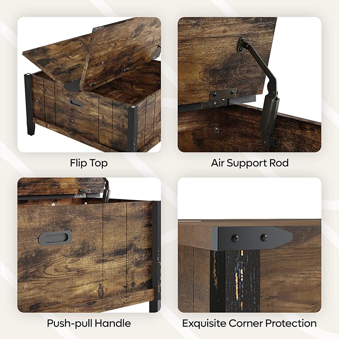 Bestier Farmhouse Coffee Table, Square Wood Center Table with Large Hidden Storage Compartment for Living Room, Rustic Cocktail Table with Hinged Lift Top for Home,Rustic Brown - LeafyLoom