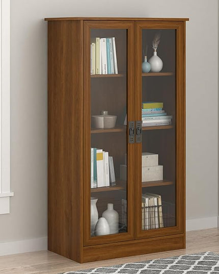 Ameriwood Home Quinton Point 4 shelves Bookcase with Glass Doors, Inspire Cherry - LeafyLoom