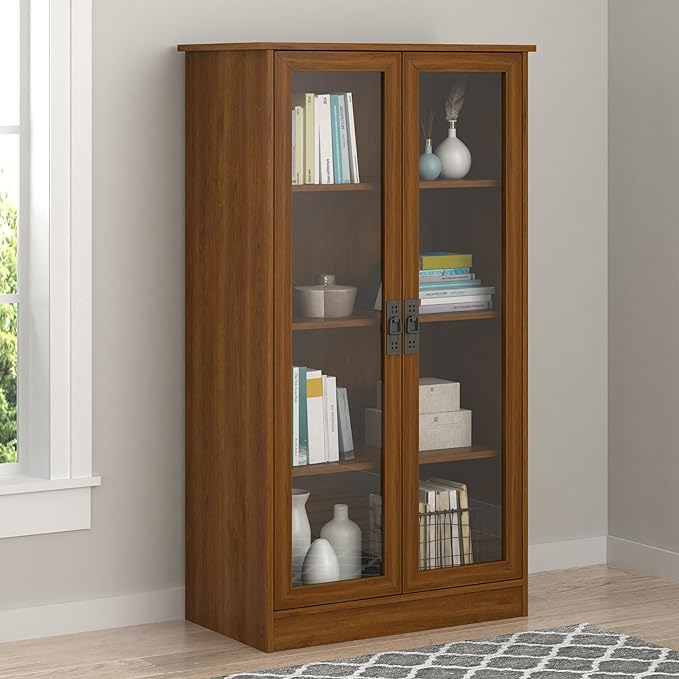 Ameriwood Home Quinton Point 4 shelves Bookcase with Glass Doors, Inspire Cherry - LeafyLoom