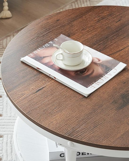 VINGLI 31.5" Rustic Oak White Wood Round Farmhouse Coffee Table, 2-Tier Storage Wood Center Circle Accent Table for Living Room, Bedroom, Apartment, Studio and Small Spaces, Sturdy Metal Frame - LeafyLoom