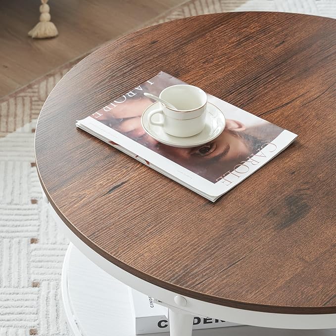 VINGLI 31.5" Rustic Oak White Wood Round Farmhouse Coffee Table, 2-Tier Storage Wood Center Circle Accent Table for Living Room, Bedroom, Apartment, Studio and Small Spaces, Sturdy Metal Frame - LeafyLoom