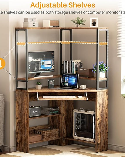 Cyclysio Small Corner Desk with Hutch, Heavy Duty Corner Computer Desk with Power Outlets & LED Light, Triangle Corner Gaming Desk with Keyboard Tray for Home Office, Small Space, Workstation Brown - LeafyLoom