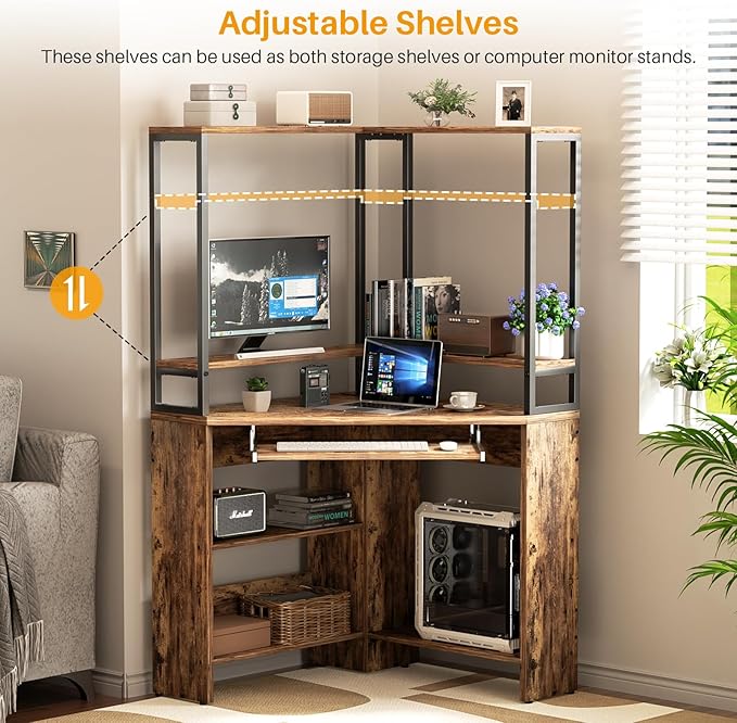 Cyclysio Small Corner Desk with Hutch, Heavy Duty Corner Computer Desk with Power Outlets & LED Light, Triangle Corner Gaming Desk with Keyboard Tray for Home Office, Small Space, Workstation Brown - LeafyLoom