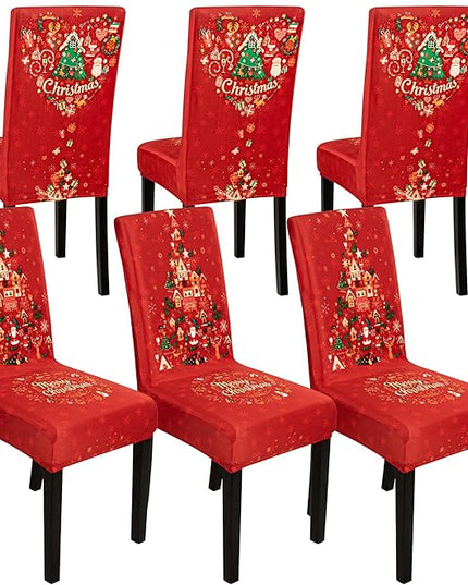 6PCS Christmas Dining Chair Covers, Stretch Removable Washable Dining Room Chair Protector Slipcovers, Xmas Tree Heart Kitchen Chair Cover, Slipcover Protector for Xmas Holiday Party Home Décor CZL