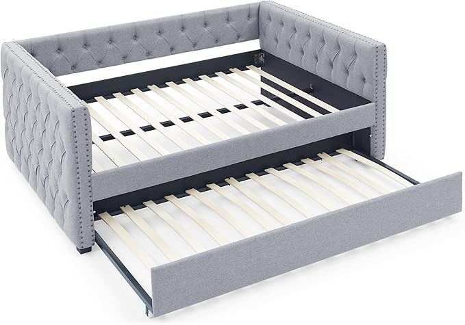 Linen Upholstered Full Size Daybed with Twin Trundle, Solid Wooden Bed Frame w/Button Tufted and Copper Nail on Square Arms, No Spring Box Need, for Kids, Bedroom, Dorm - LeafyLoom