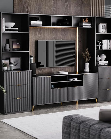 Merax 4-Piece Entertainment Wall Unit with 13 shelves, 8 Drawers, and 2 Cabinets, Multifunctional TV Stand Media Storage Cabinet with Fluted Line Surface for Living Room, Black - LeafyLoom