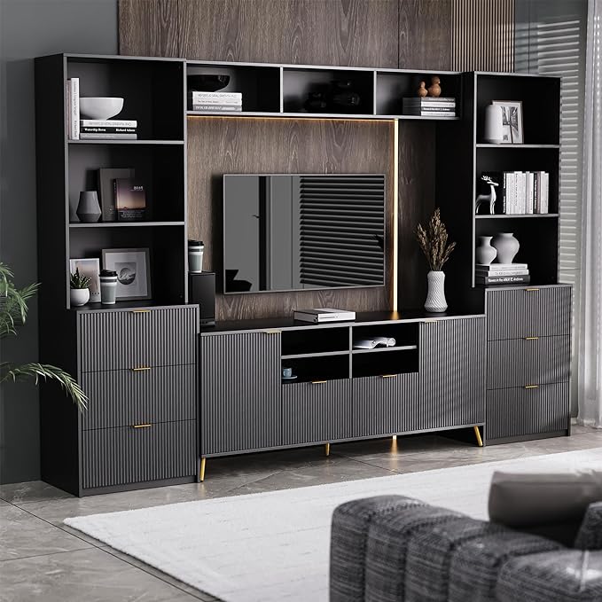 Merax 4-Piece Entertainment Wall Unit with 13 shelves, 8 Drawers, and 2 Cabinets, Multifunctional TV Stand Media Storage Cabinet with Fluted Line Surface for Living Room, Black - LeafyLoom