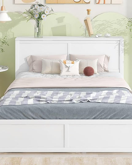 Queen Size Bed Frame with Headboard and Twin XL Trundle, Wood Queen Size Platform Bed with Pull Out Storage Shelves Headboard for Bedroom, White - LeafyLoom