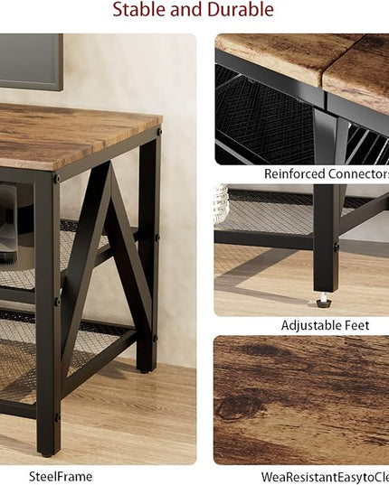TV Stand for TV up to 65 Inch, Long 55" TV Cabinet with 3-Tier Storage Shelves,Entertainment Center TV Console Table for Living Room with Industrial TV Metal Frame, Rustic Brown - LeafyLoom