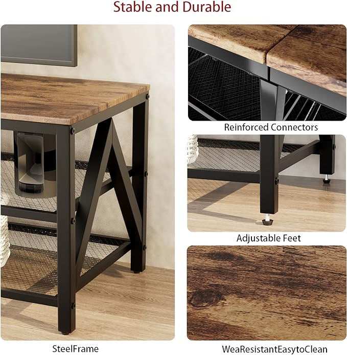 TV Stand for TV up to 65 Inch, Long 55" TV Cabinet with 3-Tier Storage Shelves,Entertainment Center TV Console Table for Living Room with Industrial TV Metal Frame, Rustic Brown - LeafyLoom