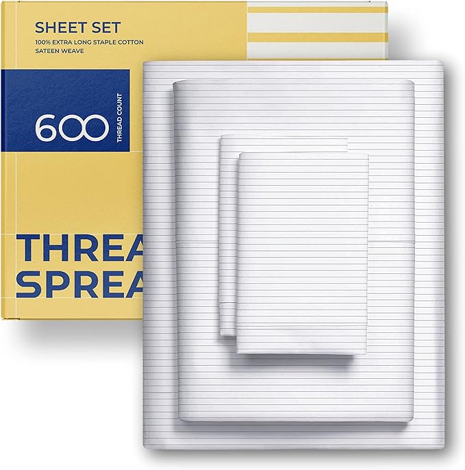 THREAD SPREAD 100% Egyptian Cotton Printed Bed Sheets - 600 Thread Count 4 PC Full Sheet Set, Hotel Luxury Sateen Bedsheets, 16" Deep Pocket Cooling Sheets for Full Size Bed - Pinstripe - Light Grey - LeafyLoom