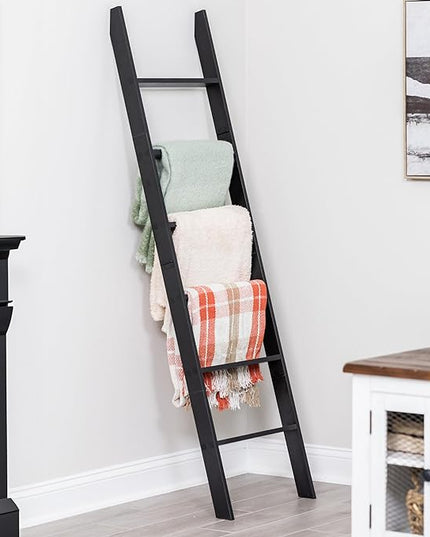 Blanket Ladder for Living Room and Bedroom, 6-Tier Wall Leaning Laminate Snag Free Construction (Black) Rustic Decorative Farmhouse Blanket Storage, Quilt Rack, Ladder Shelf, Easy Assembly - LeafyLoom
