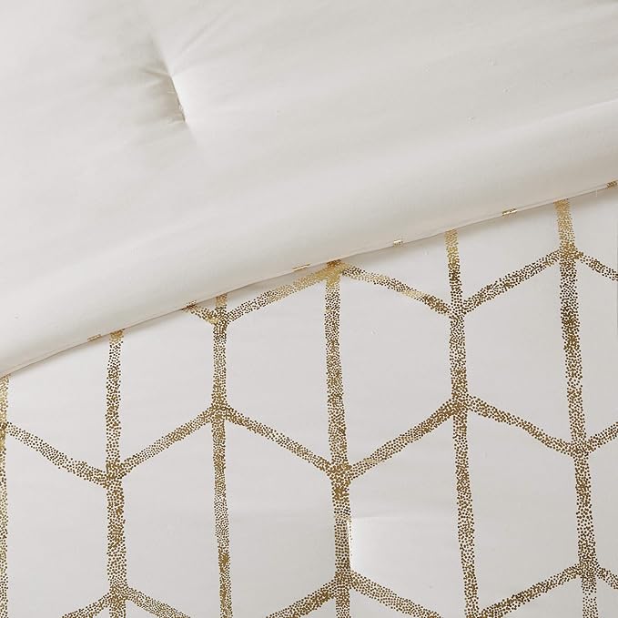 Intelligent Design, Soft Microfiber Comforter Modern Geometric Metallic Bed Set, King/Cal King, Ivory/Gold - LeafyLoom