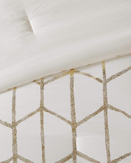 Intelligent Design Raina Full / Queen Comforter Set, Soft Microfiber Comforter Set Queen, Modern Geometric Metallic Bed Set, 5 Pieces College Bedding Comforter Set with 2 Shams, 2 Toss Pillows Ivory - LeafyLoom