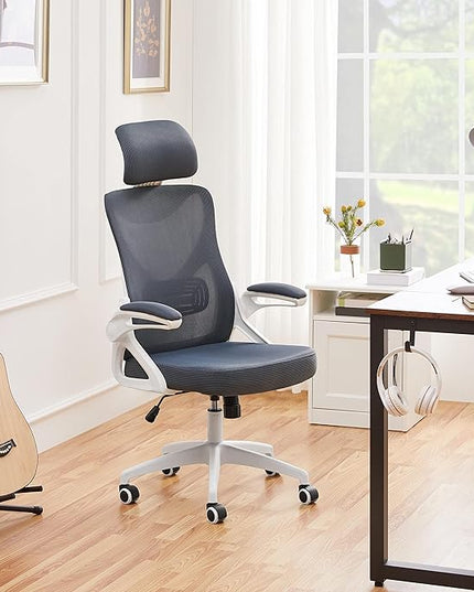 Yaheetech Ergonomic Mesh Office Chair, High Back Desk Chair with with flip-up Armrests, Adjustable Padded Headrest Computer Chair with Lumbar Support for Home Oiffce Game Room, White/Gray - LeafyLoom