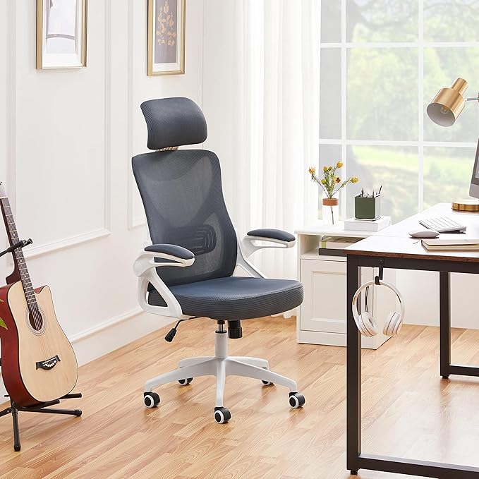 Yaheetech Ergonomic Mesh Office Chair, High Back Desk Chair with with flip-up Armrests, Adjustable Padded Headrest Computer Chair with Lumbar Support for Home Oiffce Game Room, White/Gray - LeafyLoom