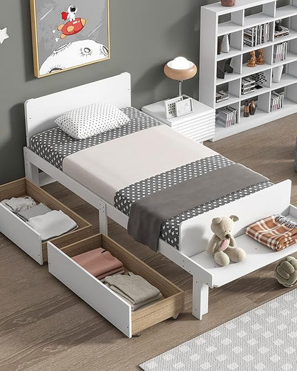 Dolonm Twin Bed Frames for Kids with 2 Drawers, Storage Platform Bed with Footboard Bench, Twin Kids Bed Headboard Frame Pine Wood, High Stable, No Box Spring Needed, Twin Bed for Kids, White - LeafyLoom