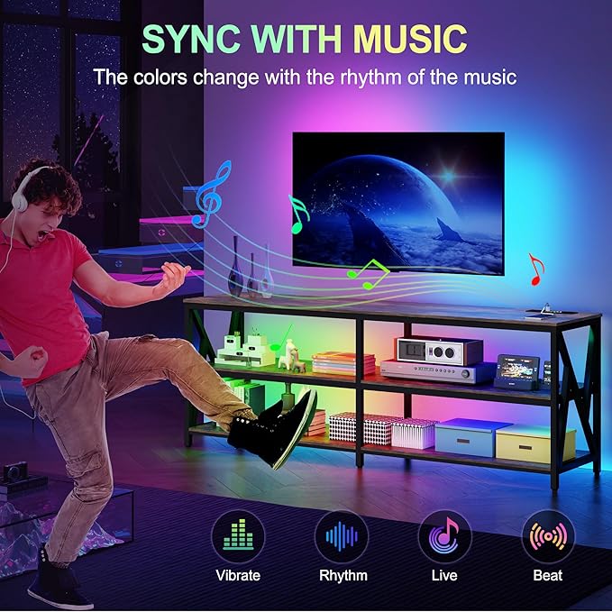 Lvifur LED TV Stand for 65 70 75 inch TV, Auto Sensor Entertainment Center with RGB Dimmable Lights, TV Console Table with Open Storage Shelves and Metal Frame (Rustic Brown) - LeafyLoom