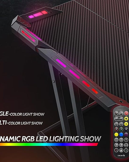 CubiCubi Gaming Desk with LED Lights, 47 Inch Z Shaped Gamer Desk, Home Game Computer Desk with Carbon Fiber Surface, Ergonomic Office PC Workstation with Cable Management, Black - LeafyLoom