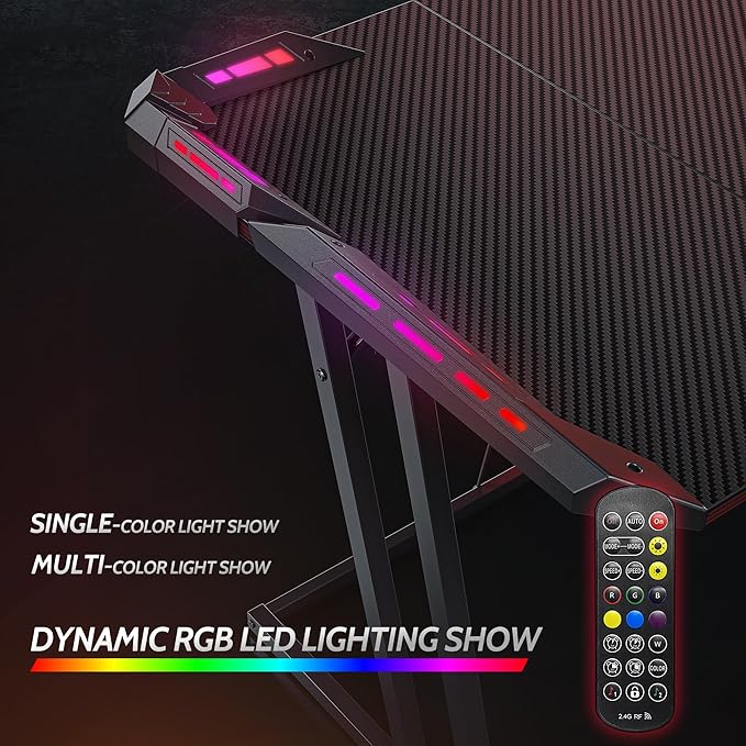 CubiCubi Gaming Desk with LED Lights, 47 Inch Z Shaped Gamer Desk, Home Game Computer Desk with Carbon Fiber Surface, Ergonomic Office PC Workstation with Cable Management, Black - LeafyLoom